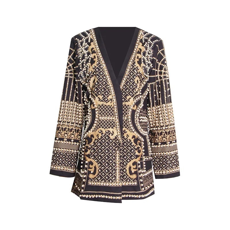 Pearl beaded collarless blazer - Gold