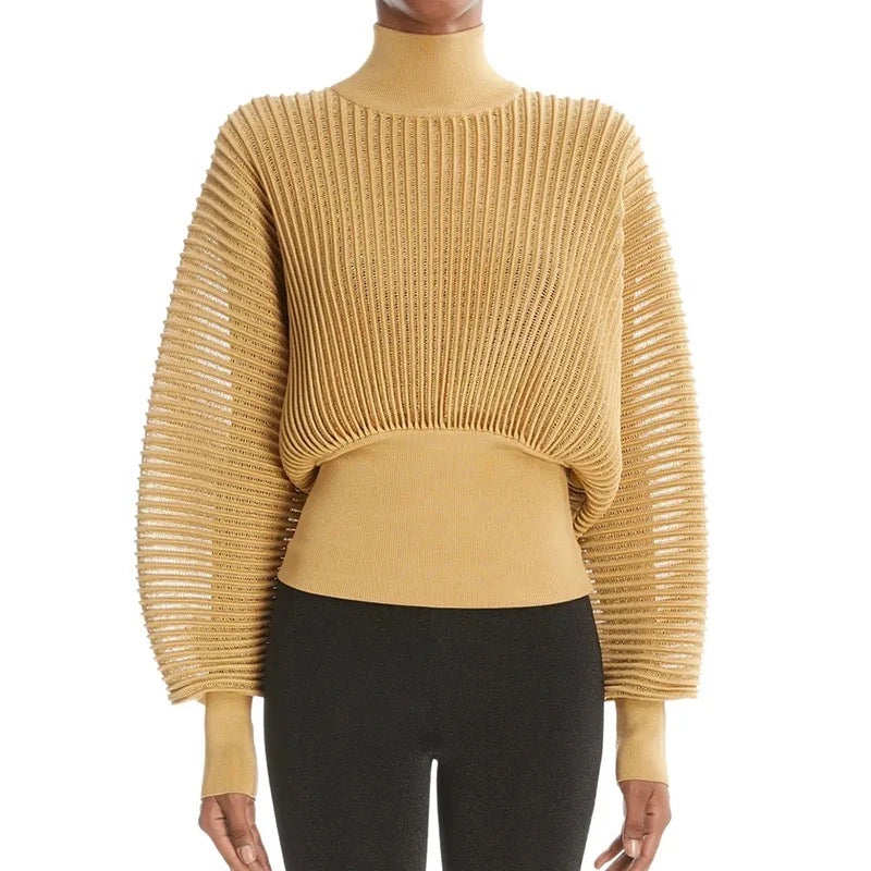 Luxe Metallic Blend Turtleneck Sweater - Tan