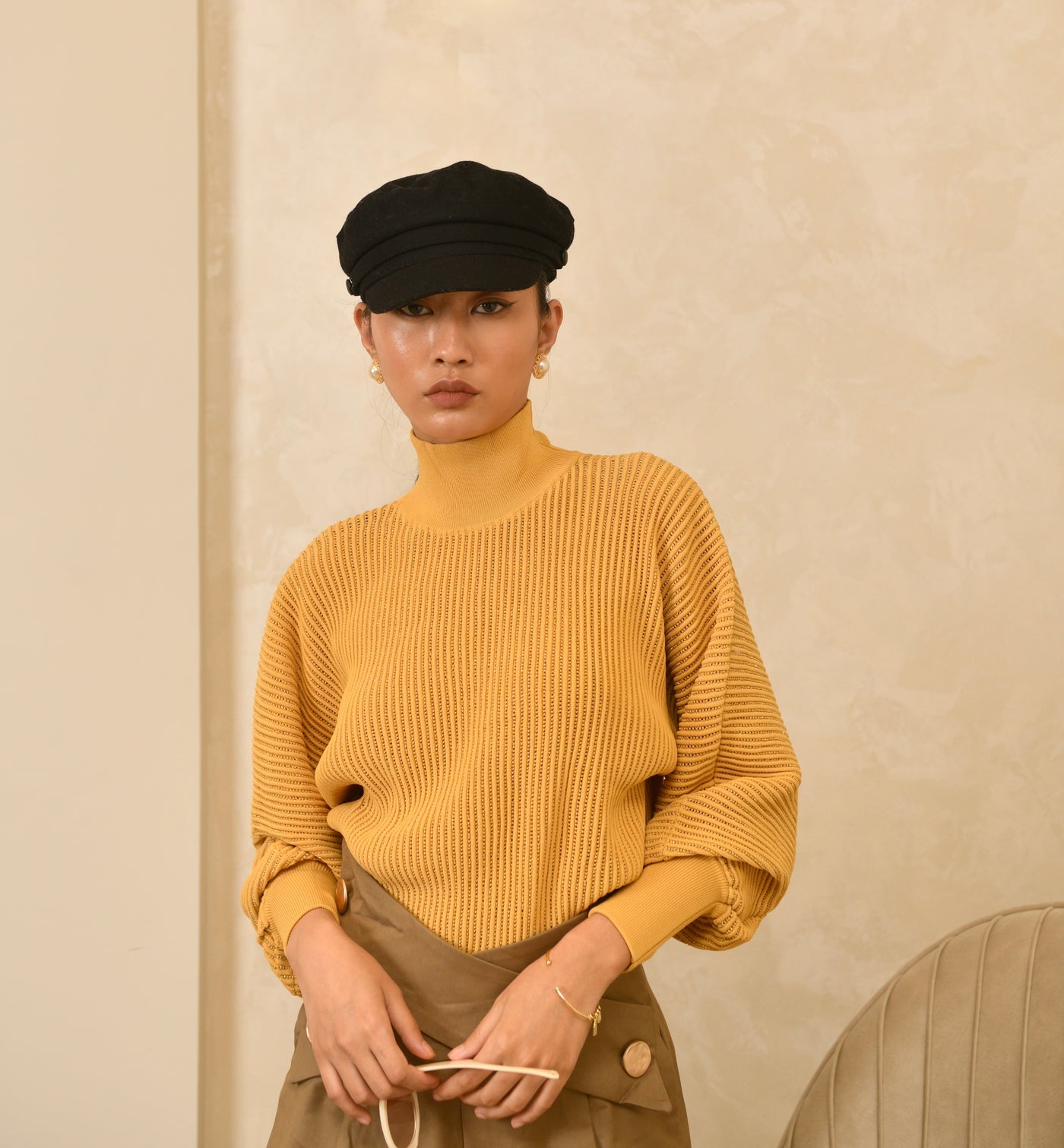 Luxe Metallic Blend Turtleneck Sweater - Tan