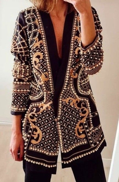 Pearl beaded collarless blazer - Gold