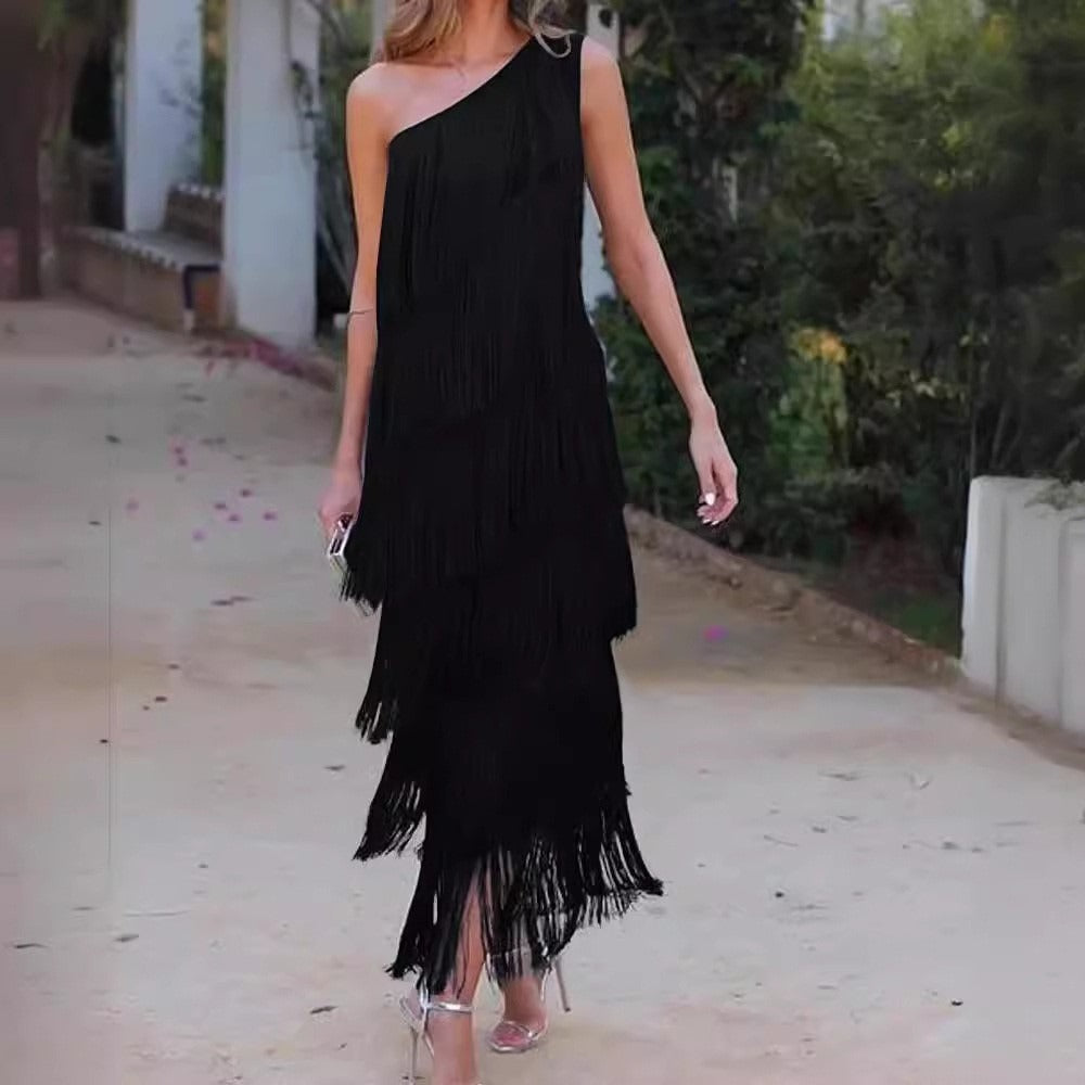 One Shoulder Fringe Dress