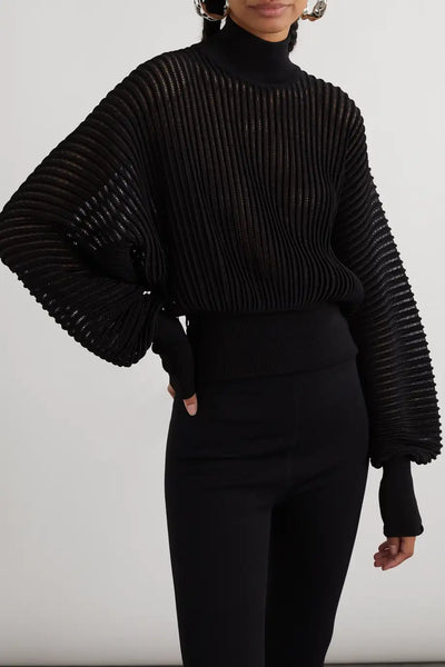 Luxe Metallic Blend Turtleneck Sweater - Black