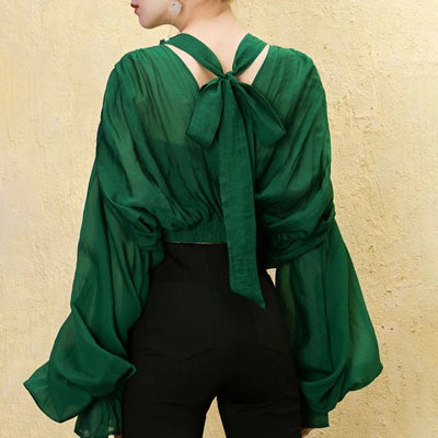 Back Tie Up Lantern Blouse