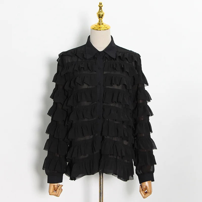 Black tiered ruffle blouse