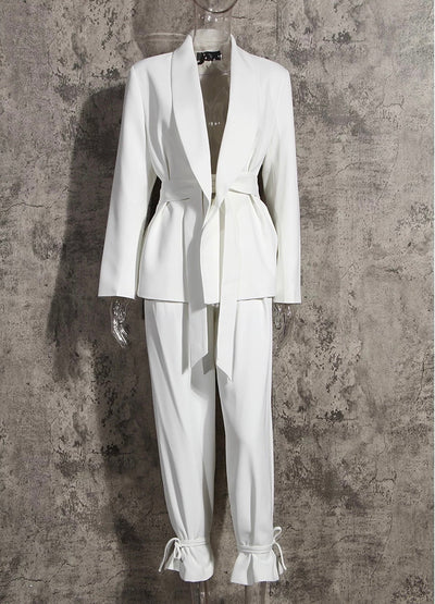 White blazer and tie up pants set