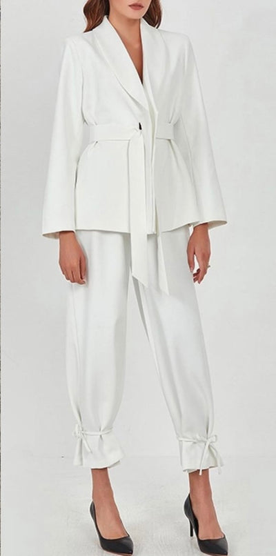 White blazer and tie up pants set