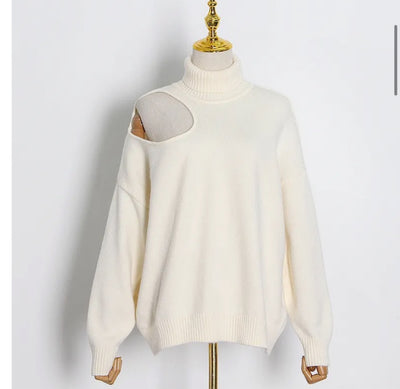 Turtle neck off shoulder pullover