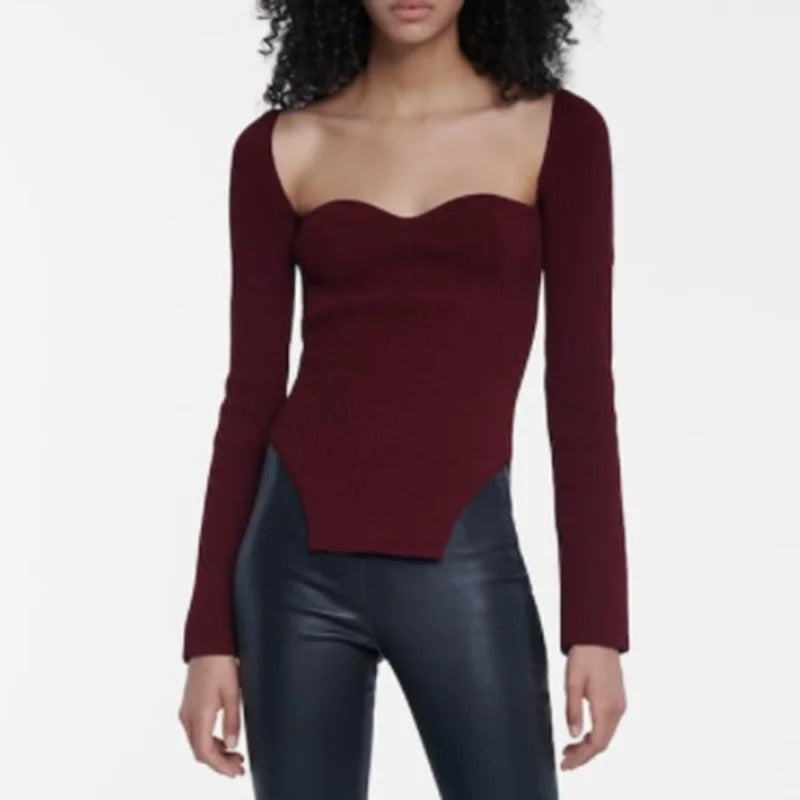 Side split square collar knitted top