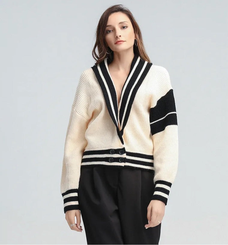 Striped Casual Knitted Sweater - white