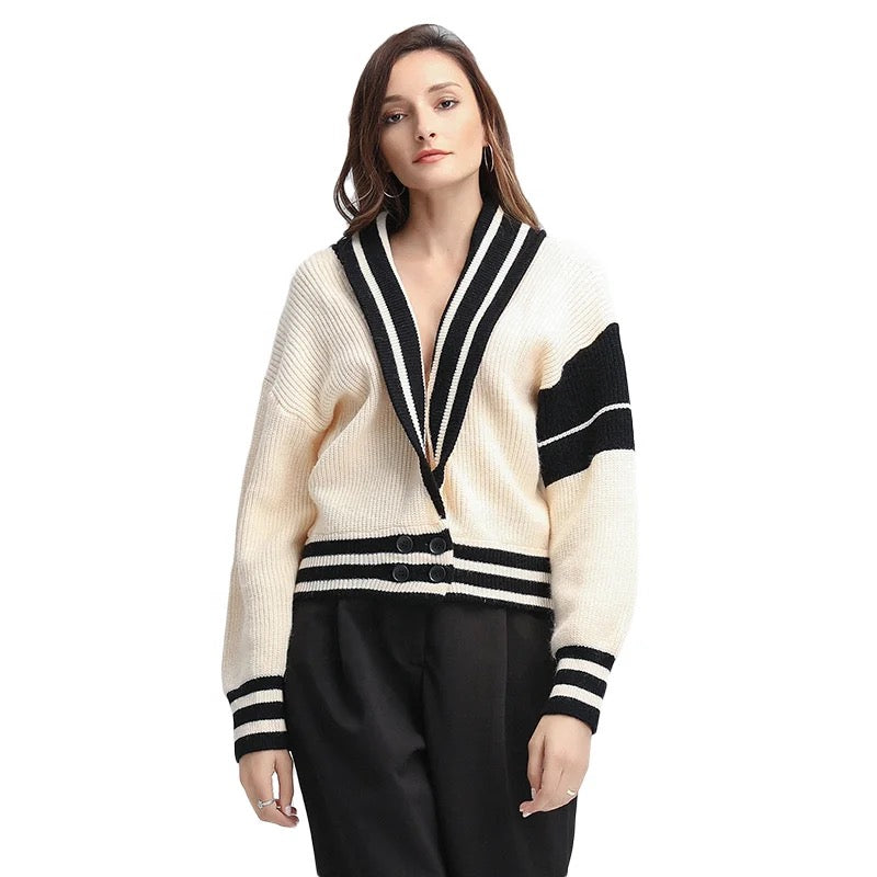 Striped Casual Knitted Sweater - white